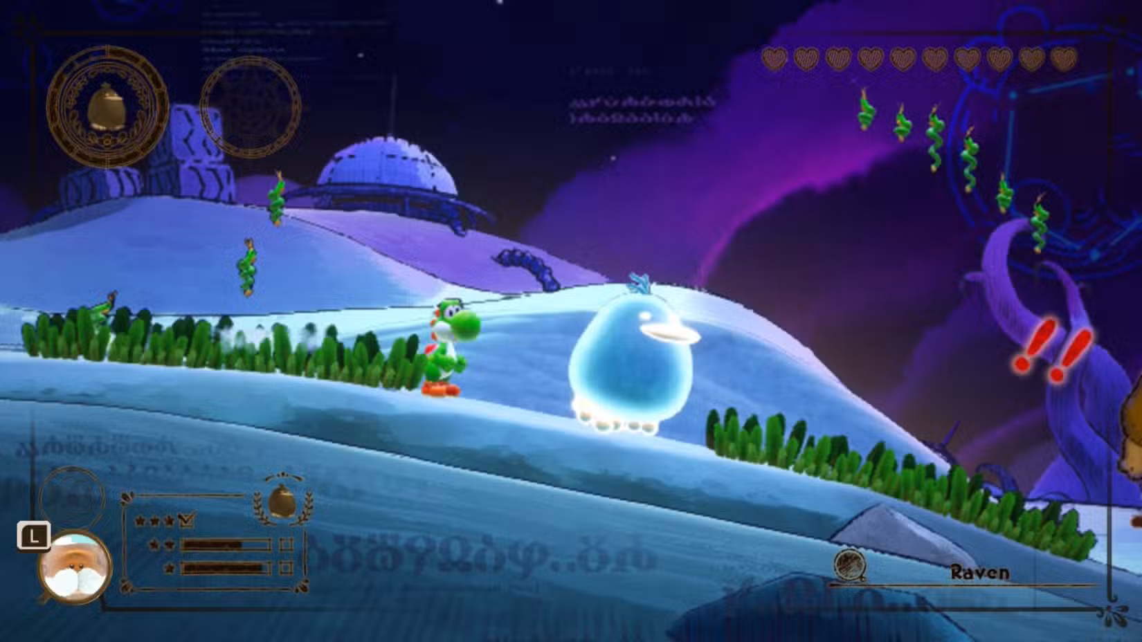 Um Raven caminha na superfície de um planeta em Yoshi e o Livro Misterioso.