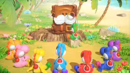 Yoshis sentam-se ao redor do Sr. E em Yoshi e o Livro Misterioso.