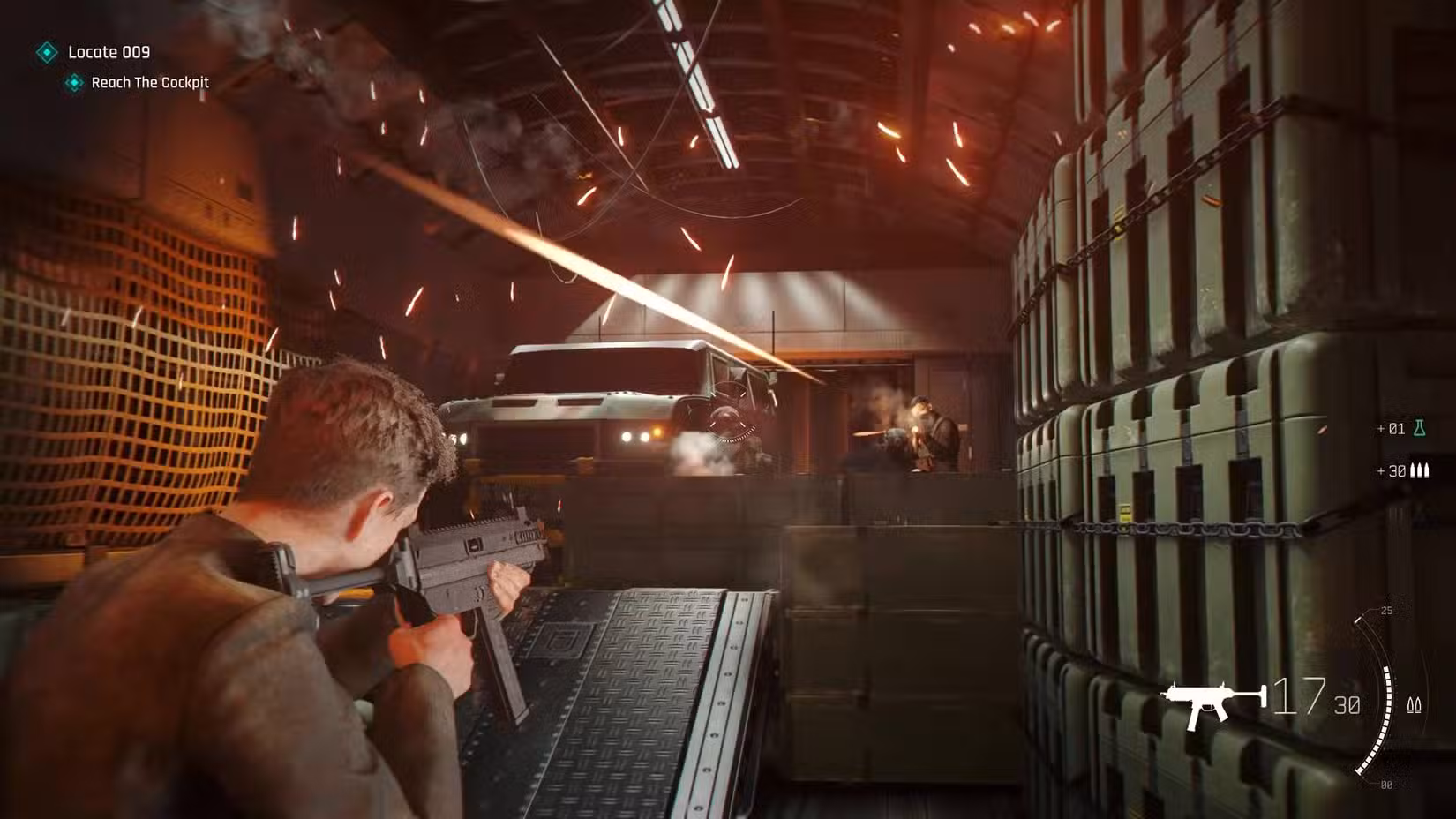 Bond atirando uma SMG em um avião durante 007 First Light.
