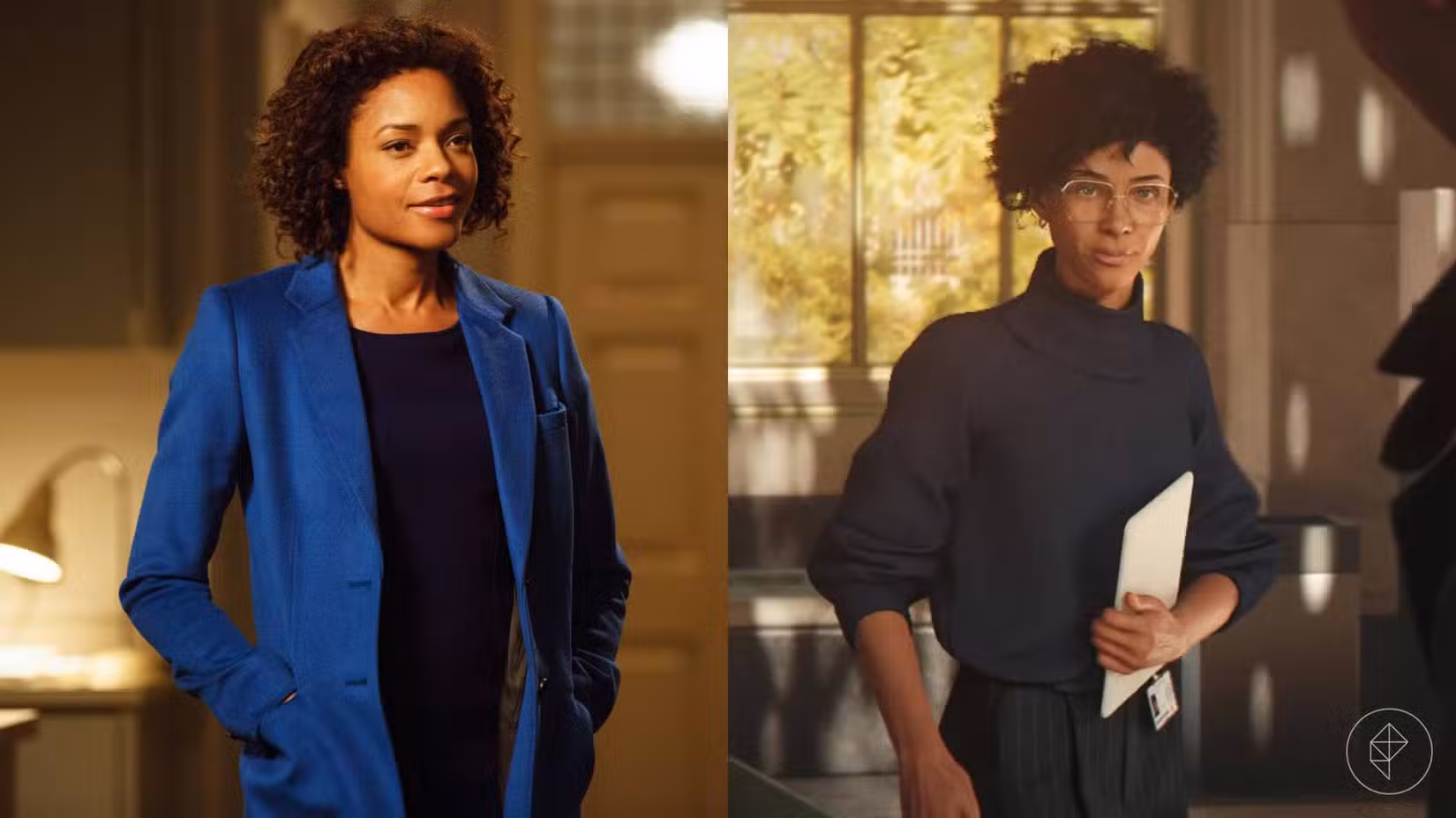 A metade esquerda da imagem mostra Moneypenny (Naomie Harris) em Spectre, enquanto a metade direita da imagem mostra Moneypenny (Kiera Lester) em 007 First Light.