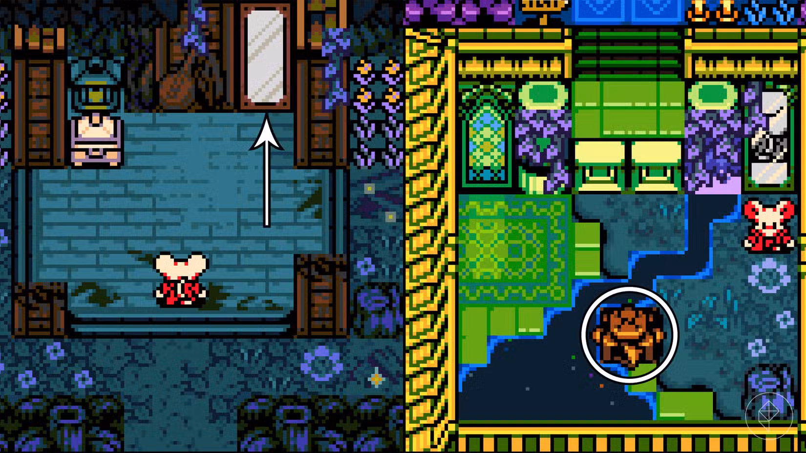 Mina, a Hollower, parada em frente a um espelho com uma flecha apontada para ele e em uma sala verde com um mecanismo dourado.
