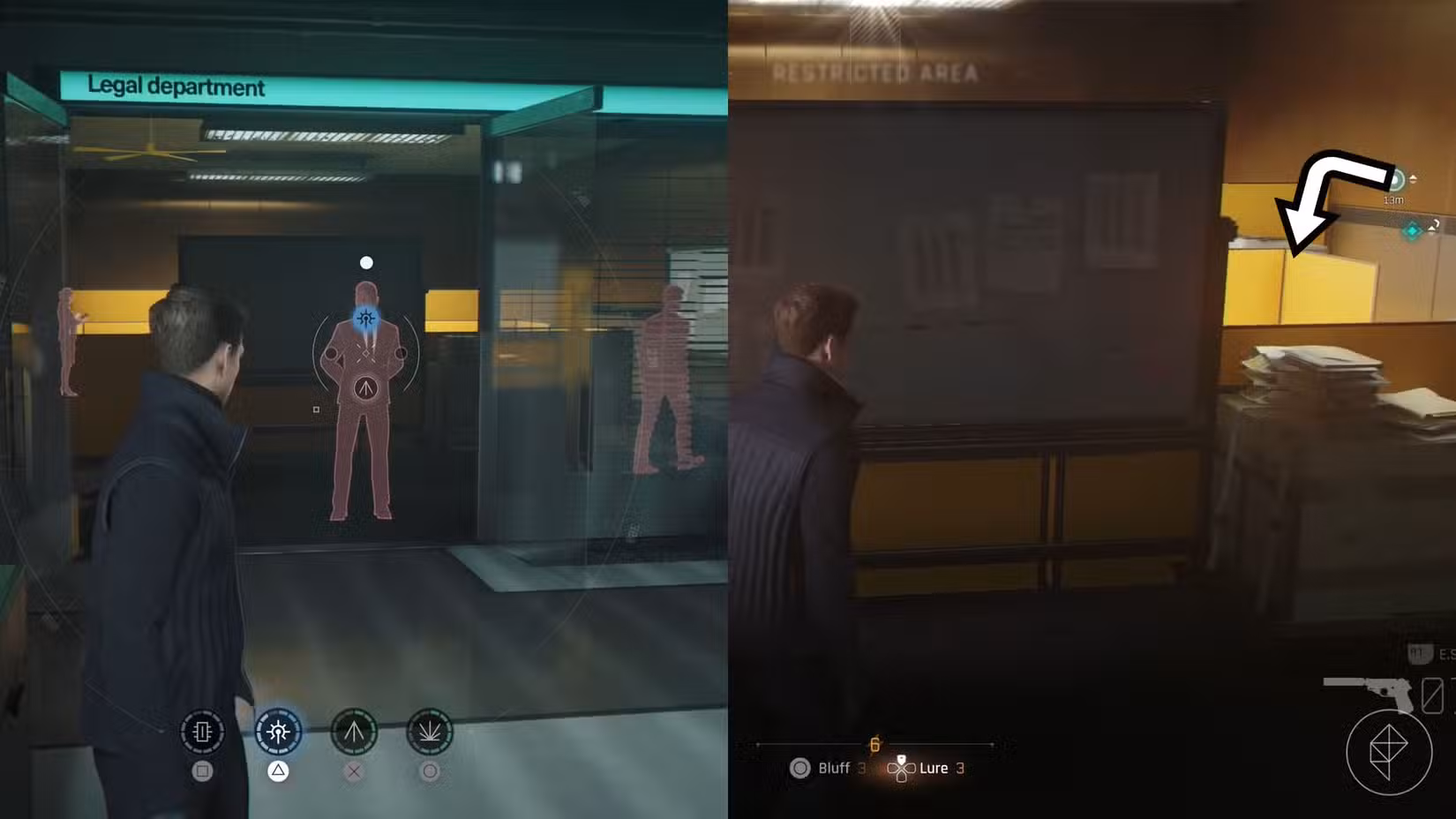 Uma montagem de duas capturas de tela de 007 First Light mostrando a sala do departamento jurídico e o cubículo onde você encontra a chave do cofre