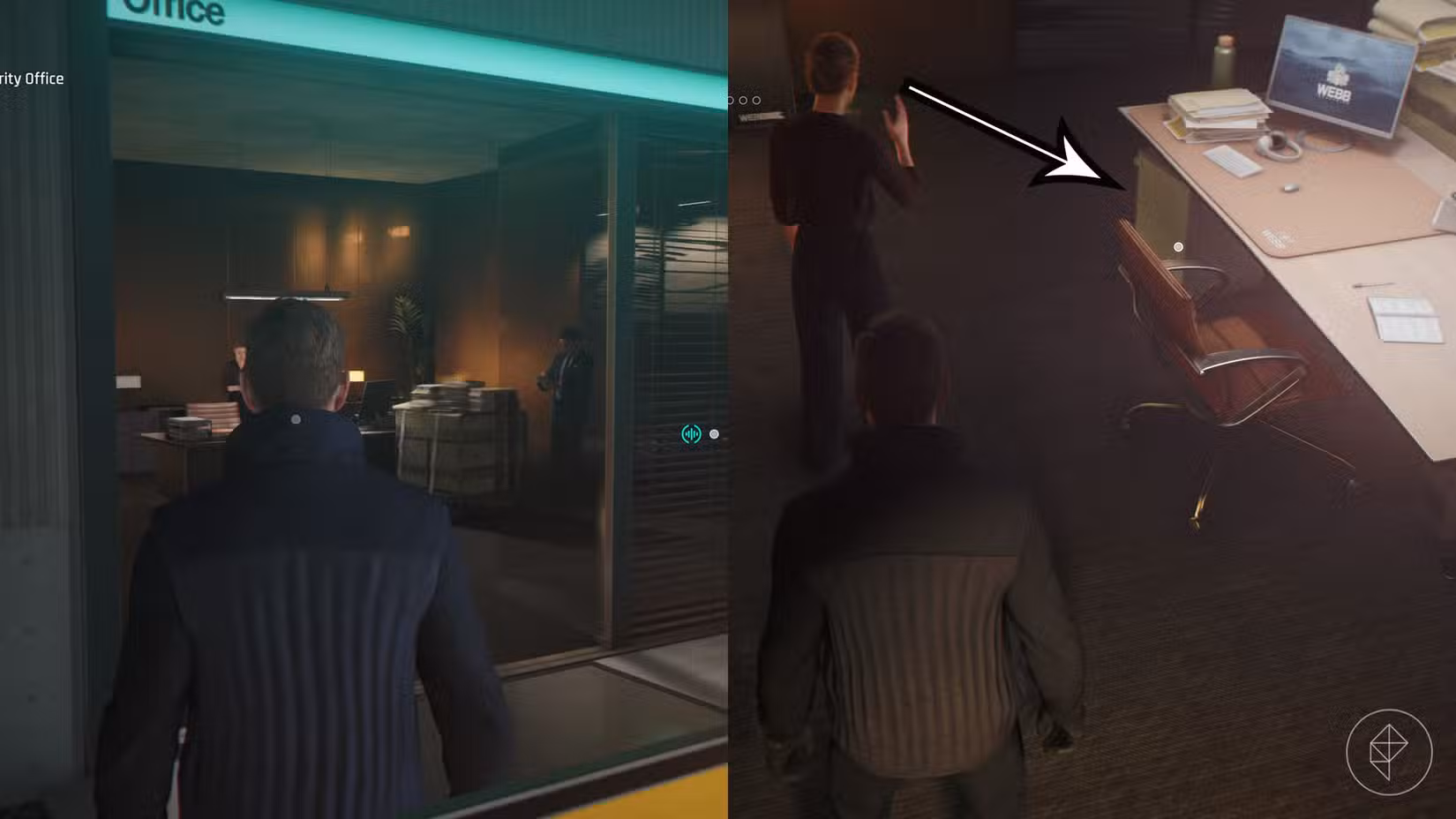 Uma montagem de duas capturas de tela de 007 First Light mostrando o local seguro onde você encontra o código da sala de arquivo