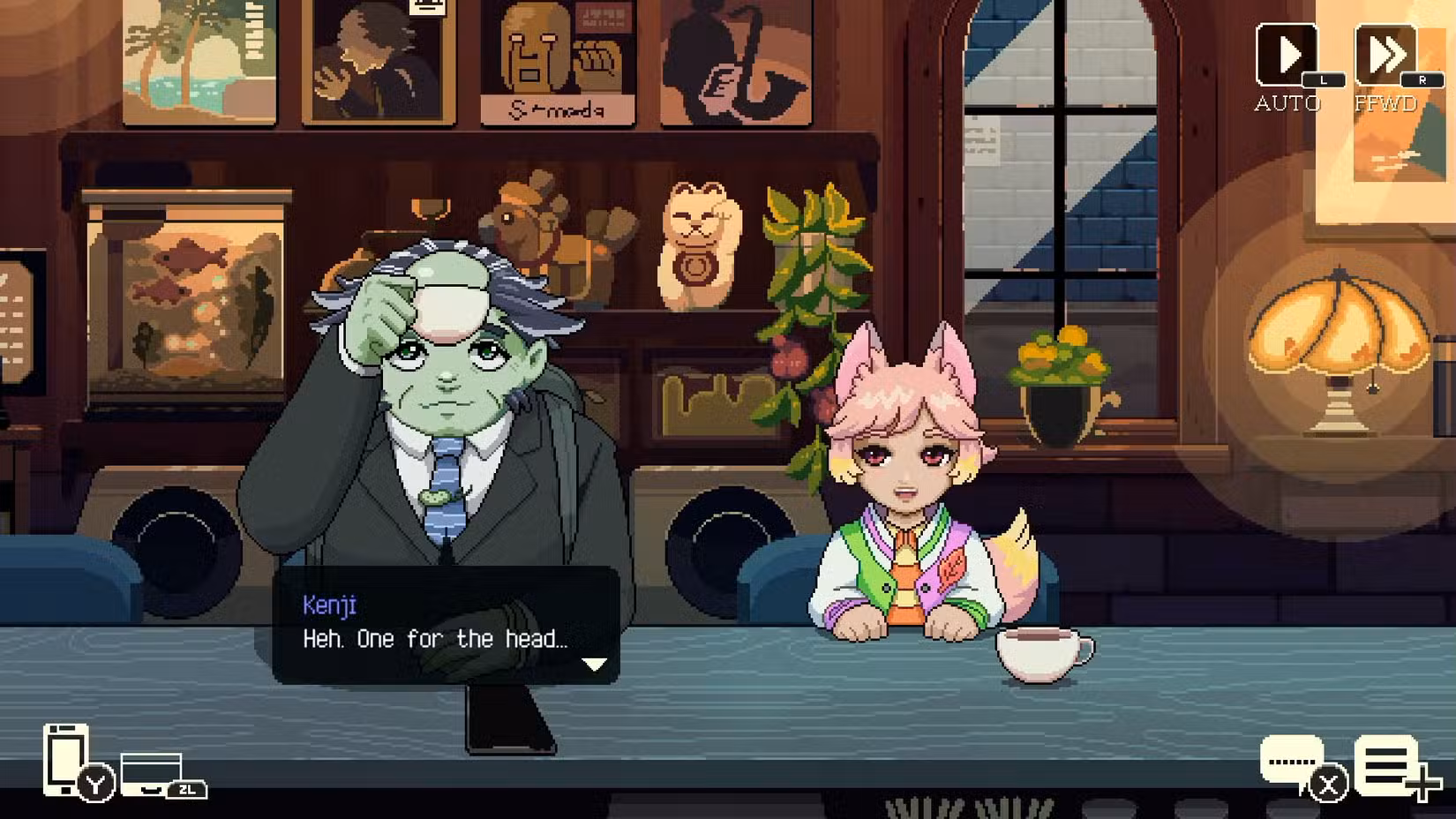 Dois personagens bebem café e conversam em Coffee Talk Tokyo