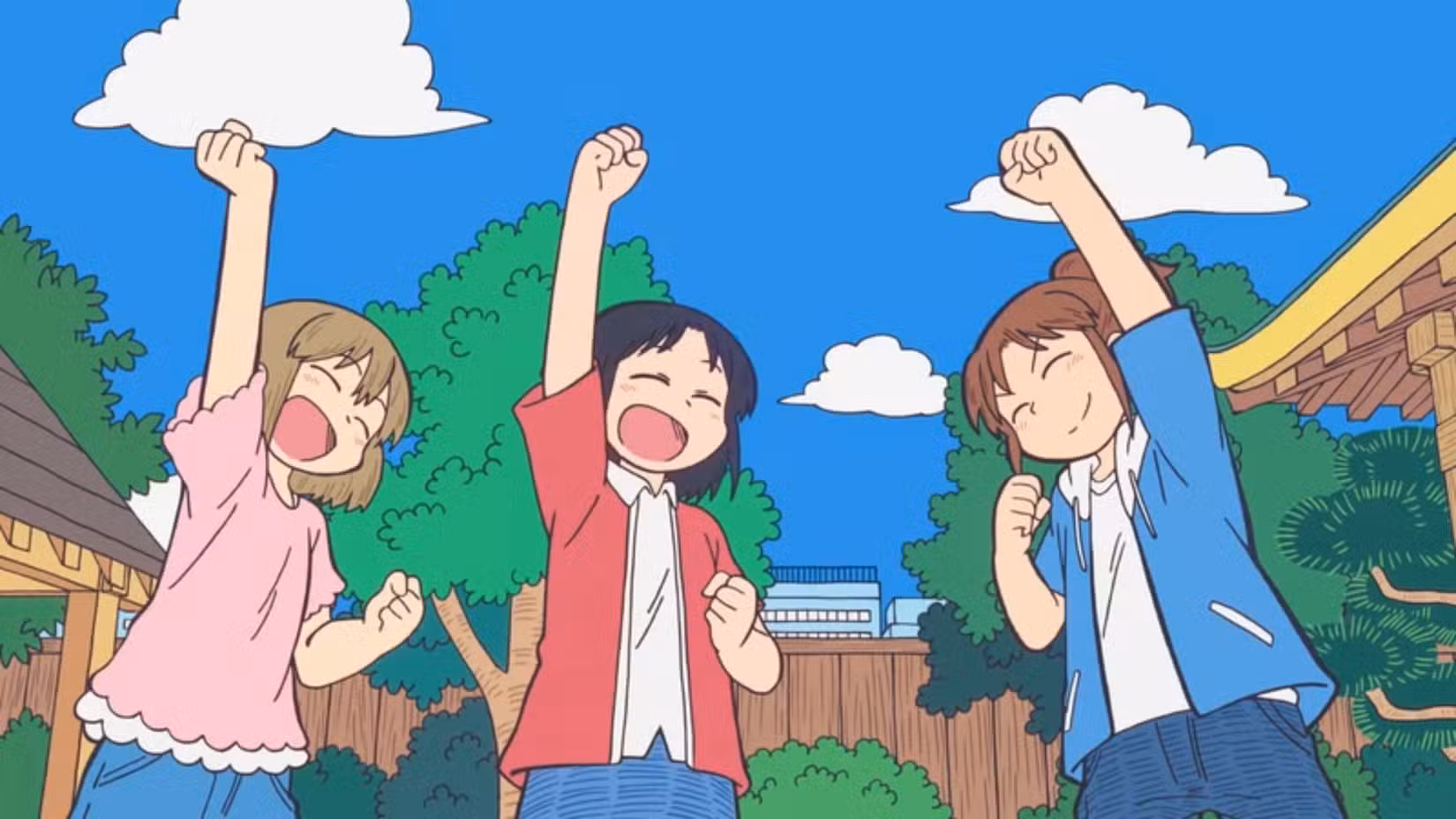 Os três protagonistas de City the Animation parecem exultantes e socam o ar