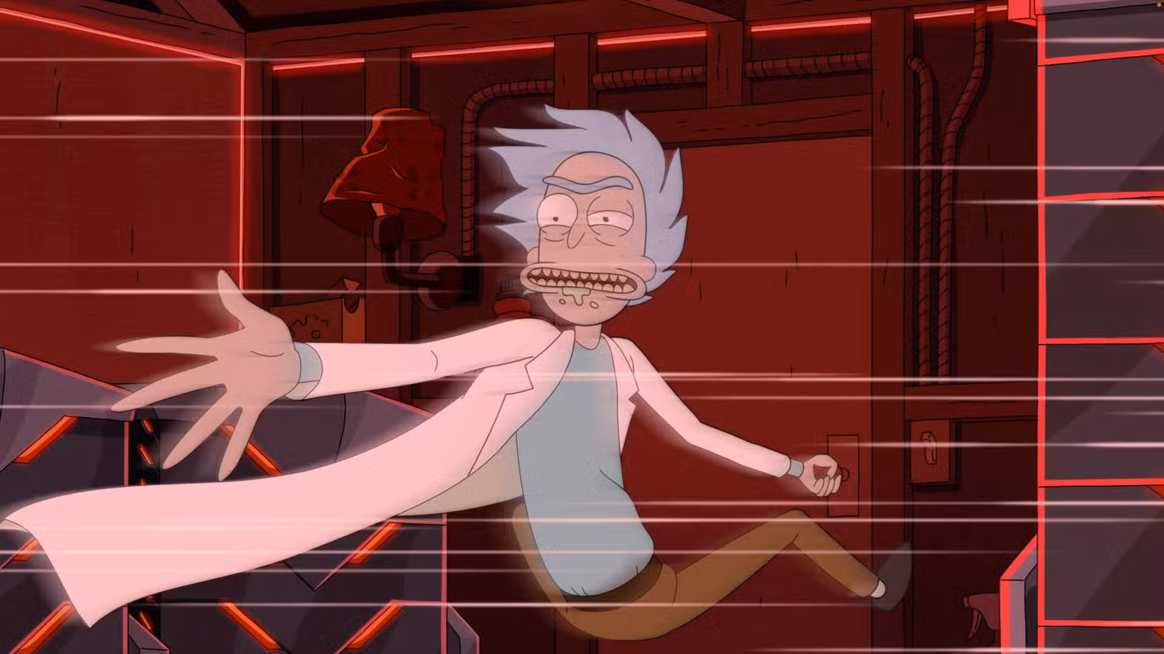 Rick estende a mão enquanto agarra a maçaneta da porta de seu laboratório na garagem na 9ª temporada de Rick e Morty