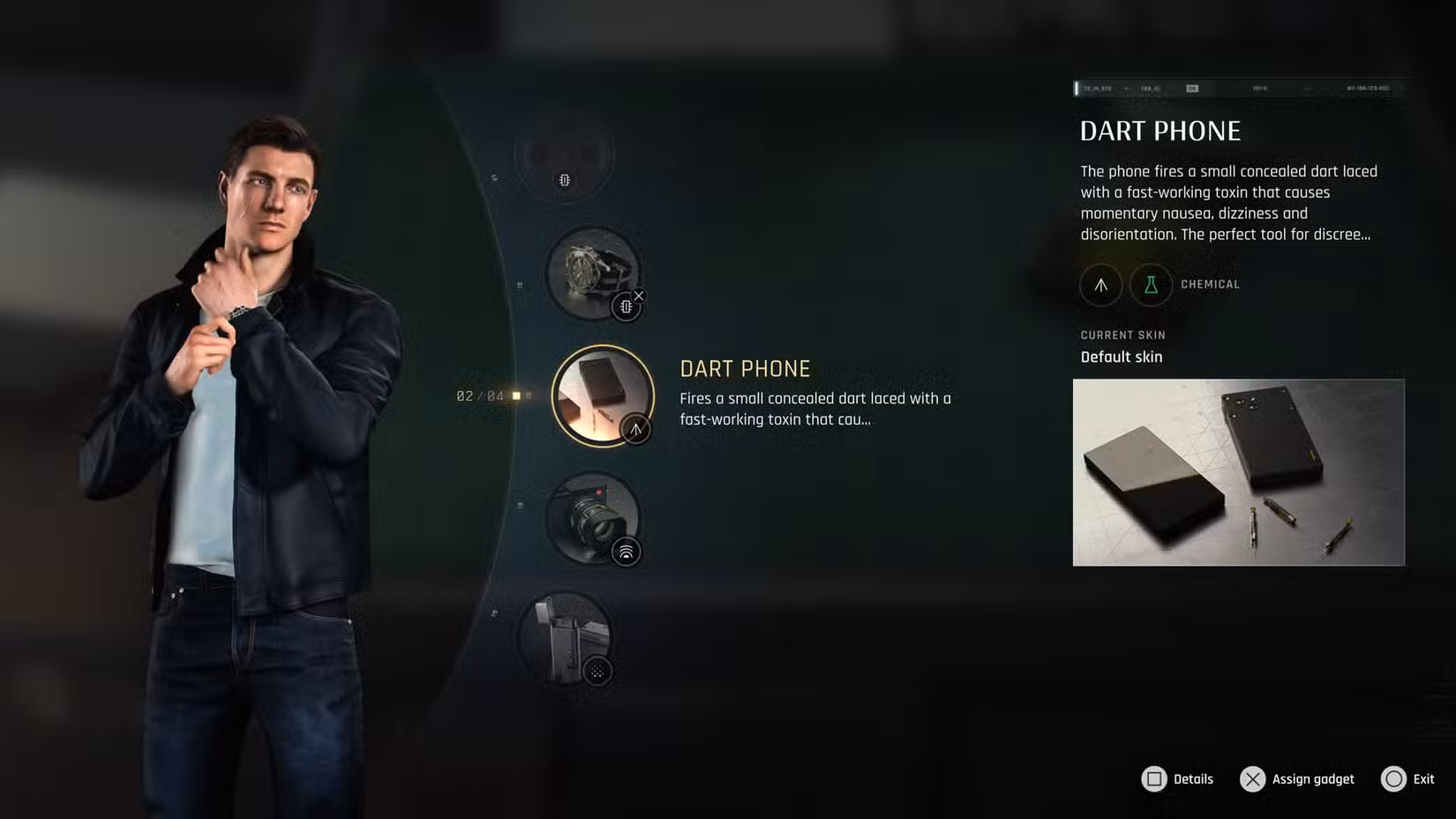 Uma captura de tela de 007 First Light mostrando a lista de gadgets aos quais Bond tem acesso