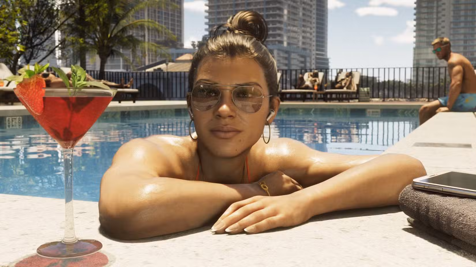 Lucia Caminos em GTA 6 descansando à beira de uma piscina tomando um coquetel.