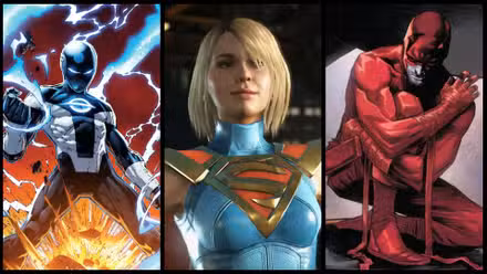 Uma imagem composta dos super-heróis Radiant Black, Sueprgirl e Demolidor.