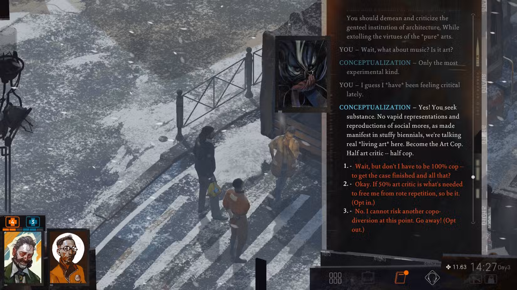 Harry conversando com sua conceituação em Disco Elysium