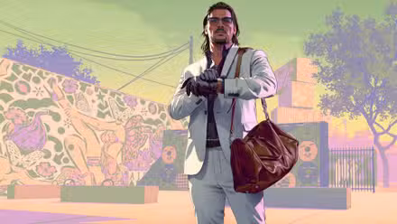 Arte de Raul Batista em Grand Theft Auto 6 — um homem de terno branco, verificando o relógio