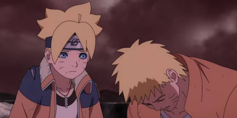 Uma dupla de pai e filho (Boruto e Naruto) parece desanimada após a batalha em Boruto: Naruto Next Generations