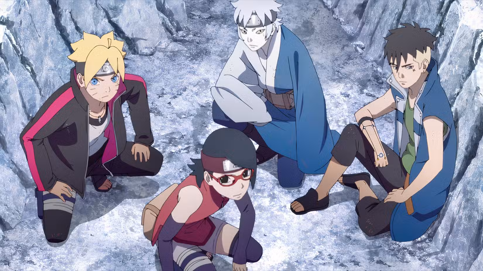 Membros do novo Time 7, incluindo Kawaki, em Boruto: Naruto Next Generations