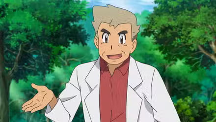 Uma imagem do Professor Oak gesticulando enquanto ensina Pokémon a um grupo de jovens treinadores.