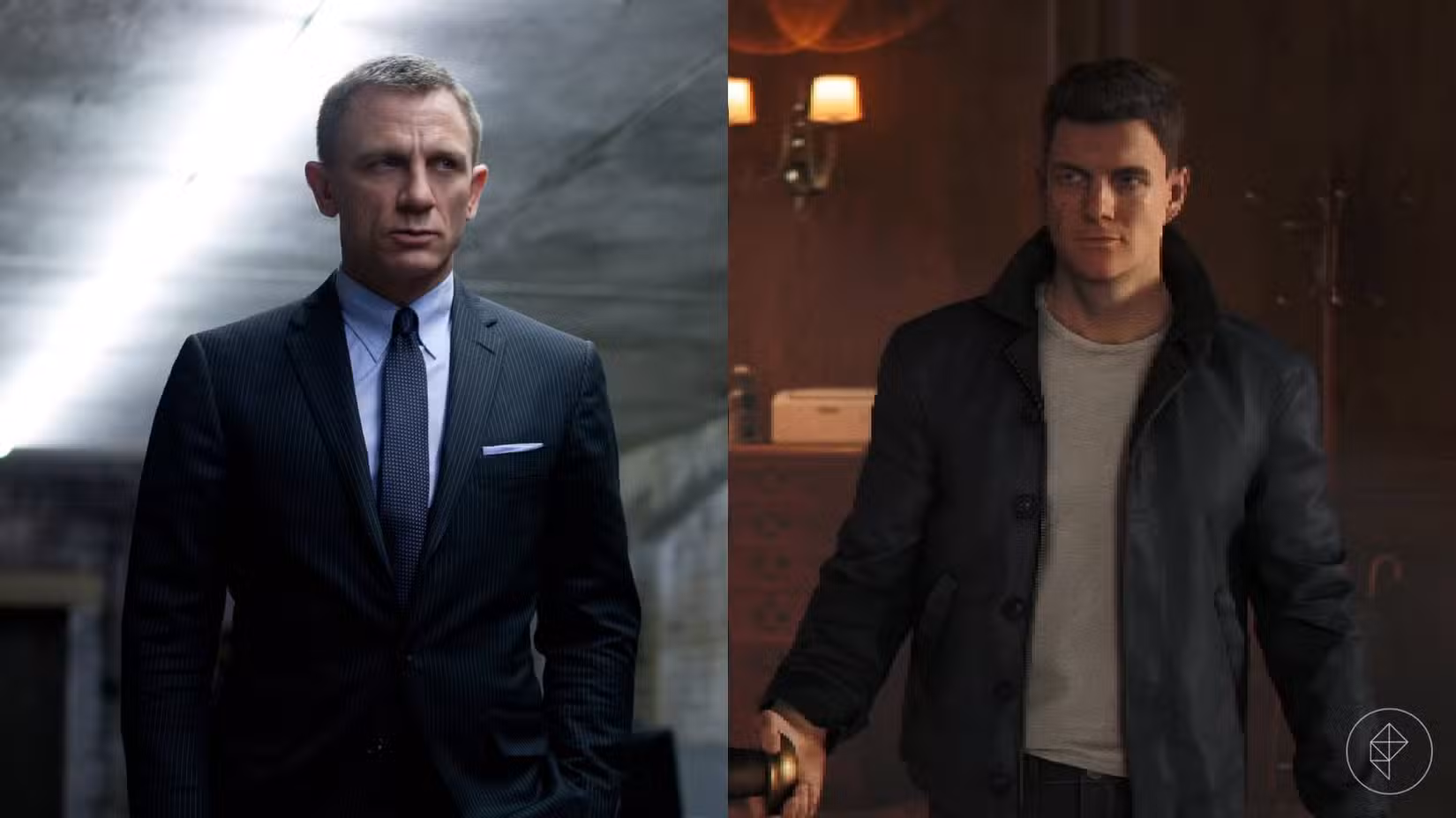A metade esquerda da imagem mostra James Bond (Daniel Craig) em No Time To Die, enquanto a metade direita da imagem mostra James Bond (Patrick Gibson) em 007 First Light.