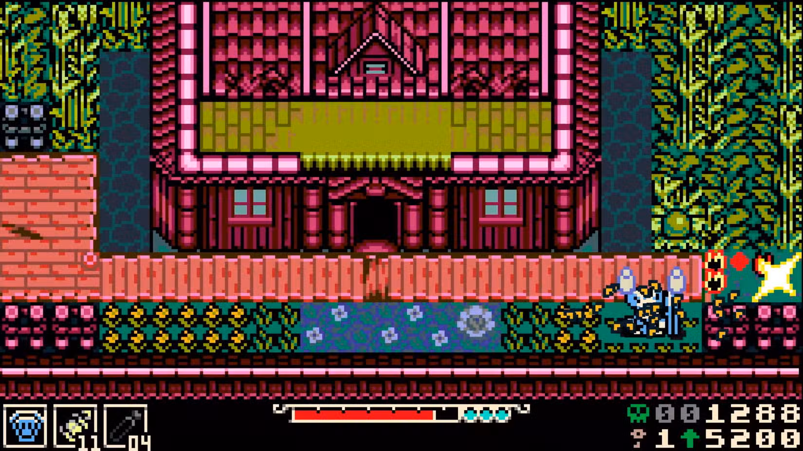 Mina acessando o caminho secreto próximo ao Empório de Pinky em Mina the Hollower