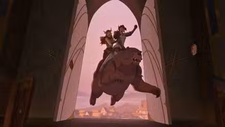 Uma imagem da 4ª temporada de The Legend of Vox Machina. Ela mostra Keyleth, um druida élfico, cavalgando ao lado de Vex, um ranger élfico montado em um urso de armadura. 