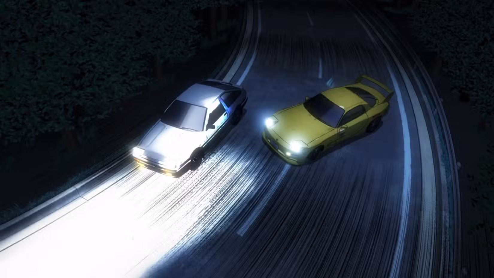 Still do filme Initial D: Legend 1 apresentando a batalha entre Takumi e Keisuke. 