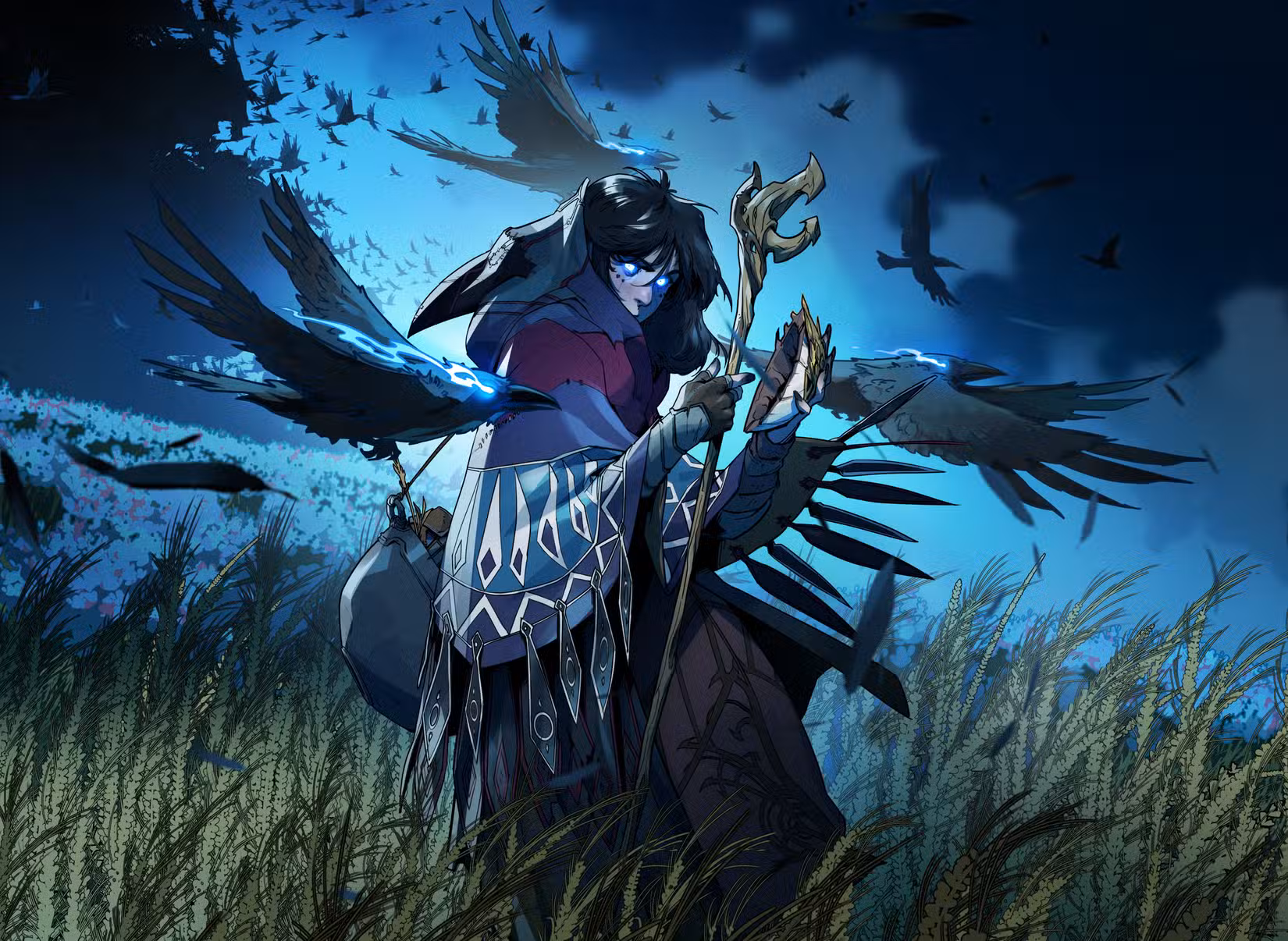 Um taumaturgo – um poderoso usuário de magia no mundo de Legend in the Mist – está em um campo cercado por corvos espectrais. É noite e seus olhos estão brilhando em azul.