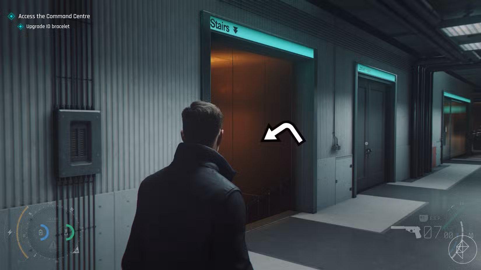 Uma captura de tela do 007 First Light mostrando as escadas que levam você abaixo do escritório de segurança no capítulo 16