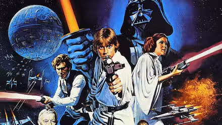 Um pôster promocional de Star Wars: Uma Nova Esperança em 1977