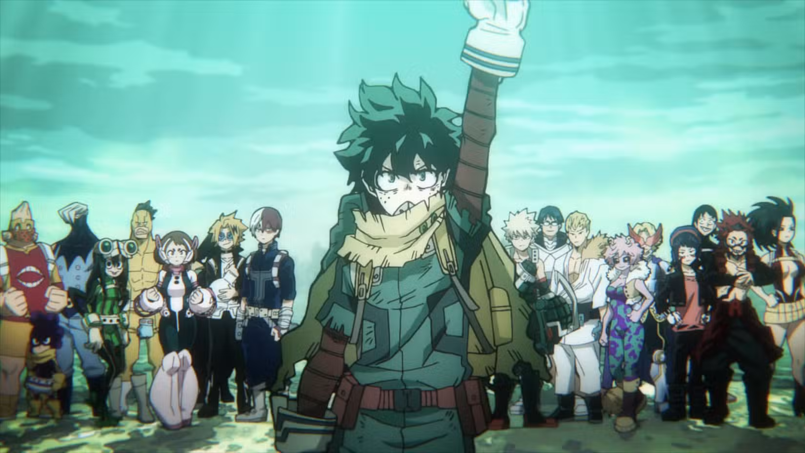 Izuku “Deku” Midoriya em pé com o punho erguido na frente de seus colegas da UA High School sob um céu claro nos créditos de abertura da 6ª temporada de My Hero Academia.