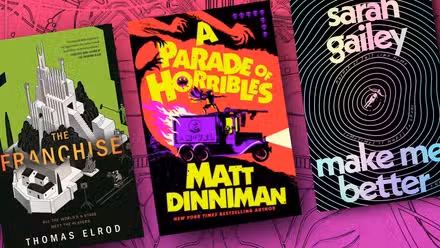 Um banner exibindo três capas de livros coloridas
