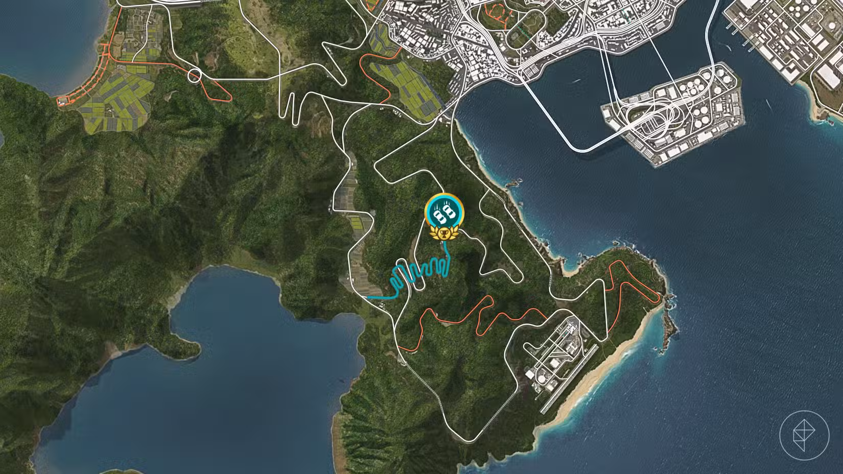 A localização da corrida de touge Hakone Nanamagari marcada no mapa do Forza Horizon 6, junto com sua pista.