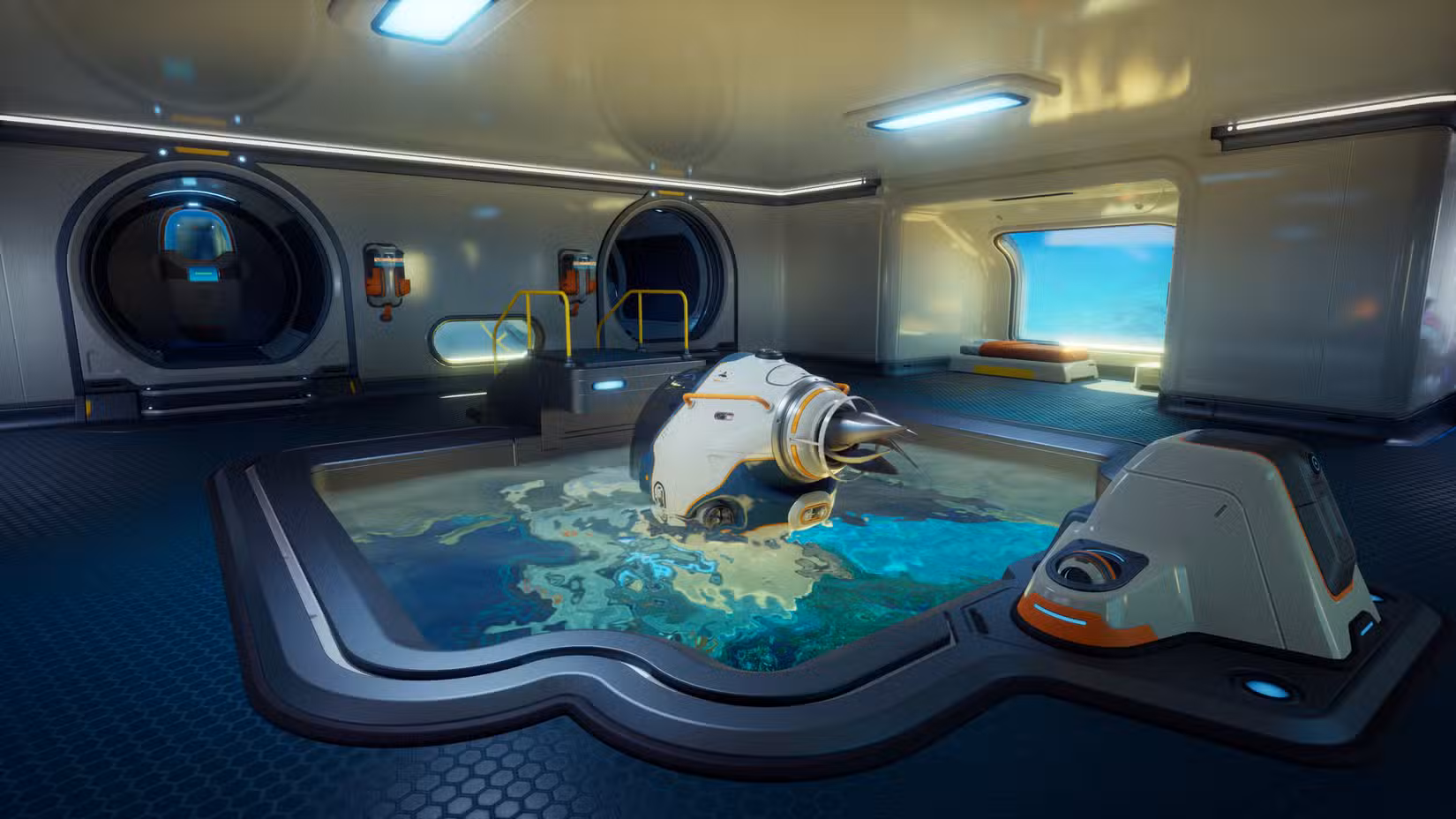 Explorando o interior de uma base subaquática em imagem do Subnautica 2