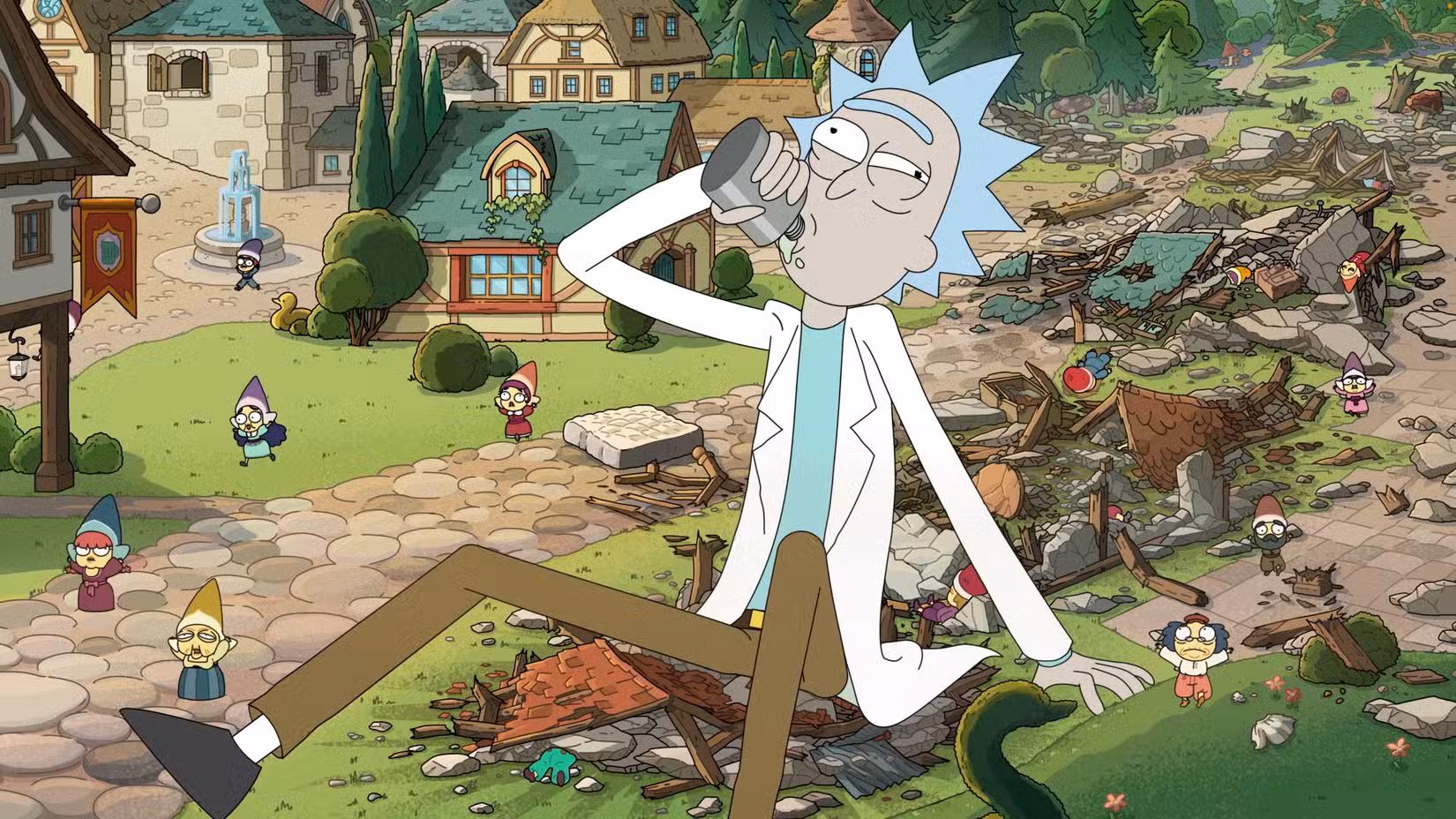 Rick bebe de um frasco enquanto está sentado nas ruínas de edifícios em uma vila em miniatura cheia de pequeninas pessoas em pânico na 9ª temporada de Rick e Morty