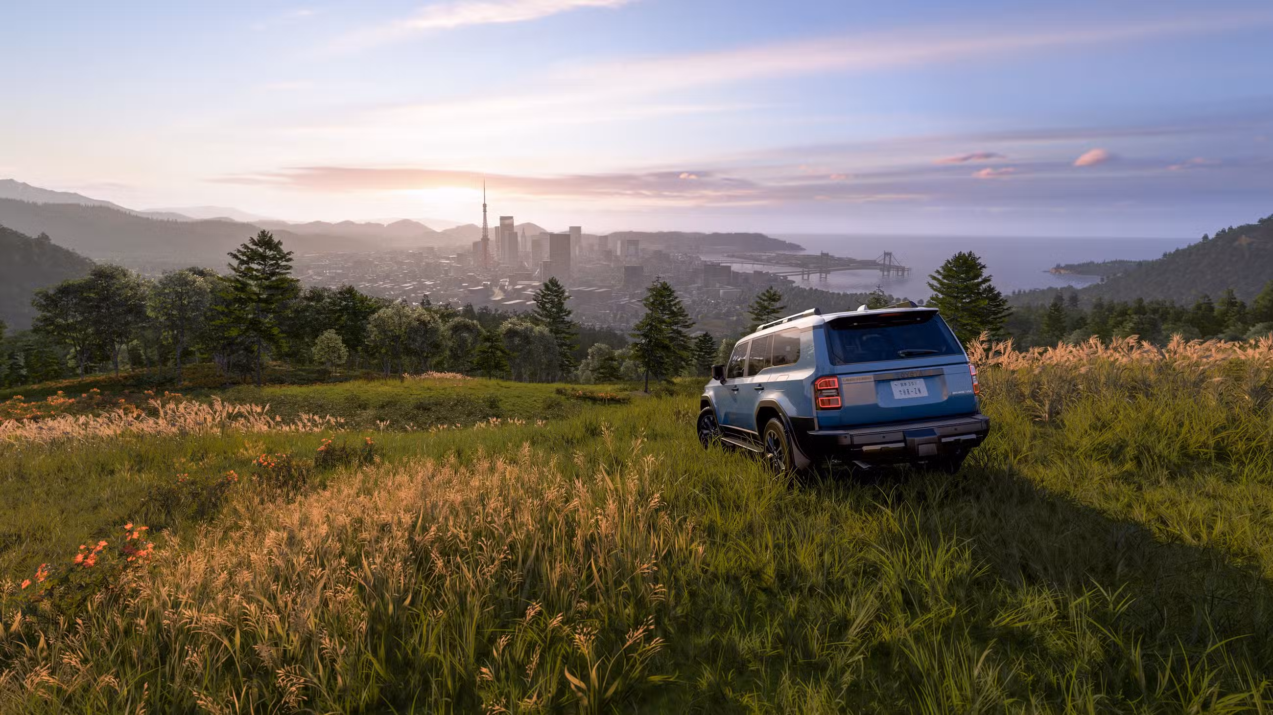 Um 4x4 estacionado numa encosta com vista panorâmica de Tóquio