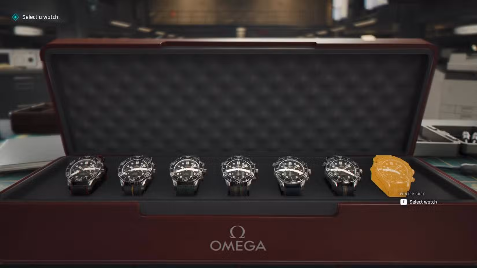 Os sete Omega Q-Watches na caixa de 007 First Light.
