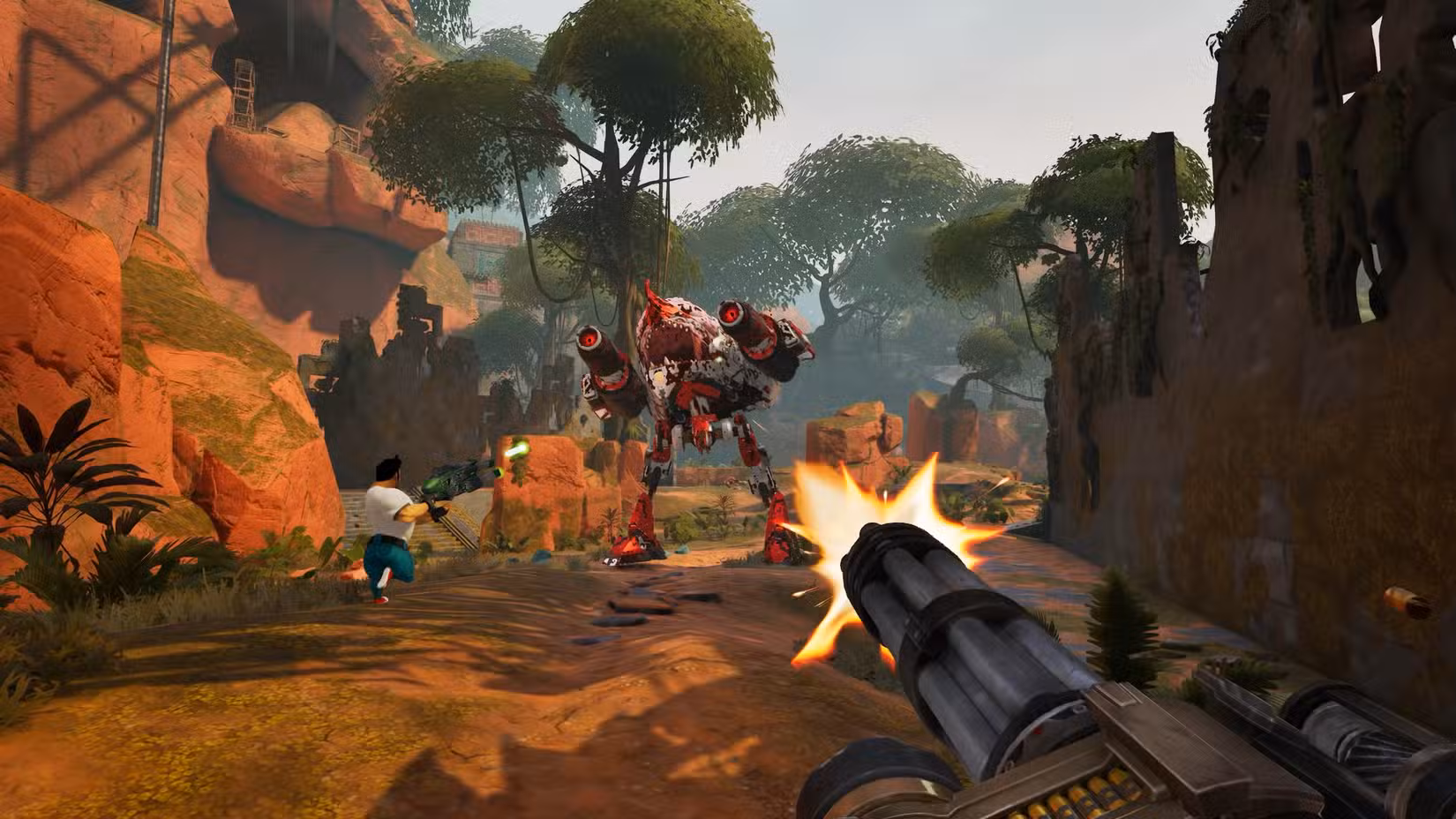 Dois Sams lutam contra um inimigo em Serious Sam: Shatterverse