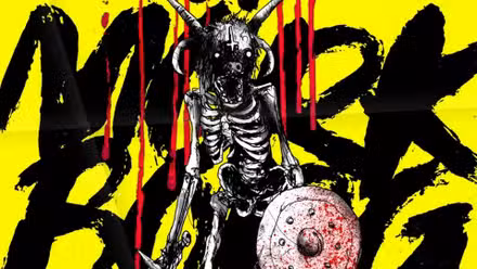 Imagem: MORK BORG, um esqueleto com um escudo simples contra um fundo amarelo forte
