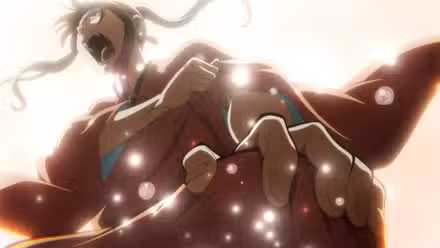 Cena de Akane-banashi de Akane no meio de uma apresentação de rakugo. 