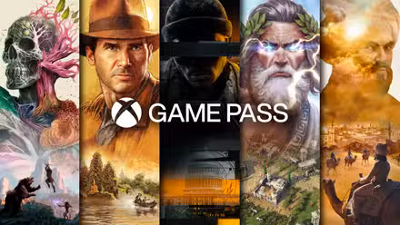 Arte promocional do Game Pass com logotipo e arte de Avowed, Indiana Jones, Call of Duty e Age of Mythology