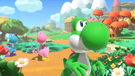 Yoshi e alguns outros Yoshis olham para o céu em sua ilha