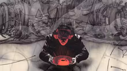 Um personagem de Zero Parades segura uma coisa vermelha estranha na arte conceitual