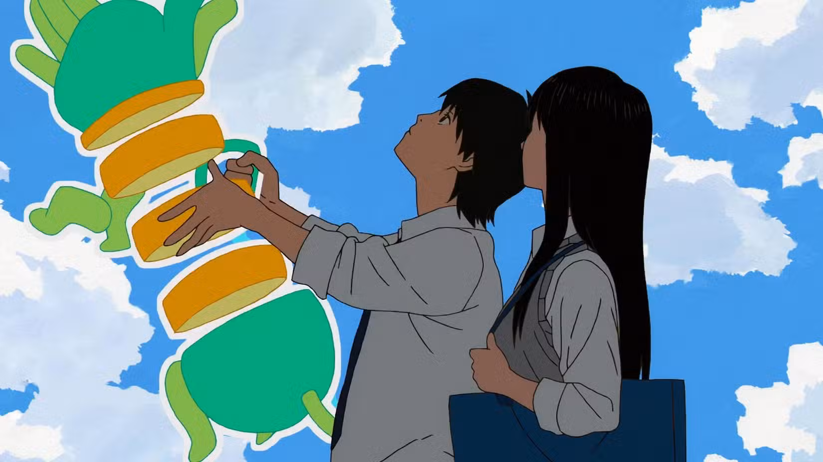 (LR) Nagara e Koyama Mizuho olham para uma estrutura estranha em Sonny Boy.