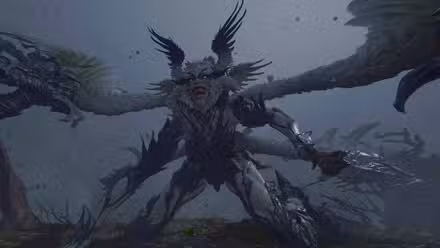 Garuda ajoelhada no chão com um sorriso sinistro no rosto em Final Fantasy 16/XVI/FF16.