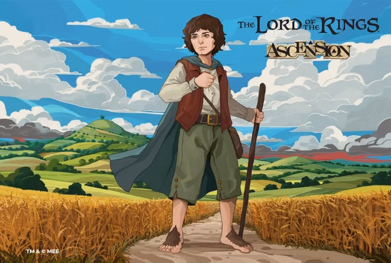 Frodo segura uma bengala no meio de um campo de trigo na arte de A Ascensão do Senhor dos Anéis 