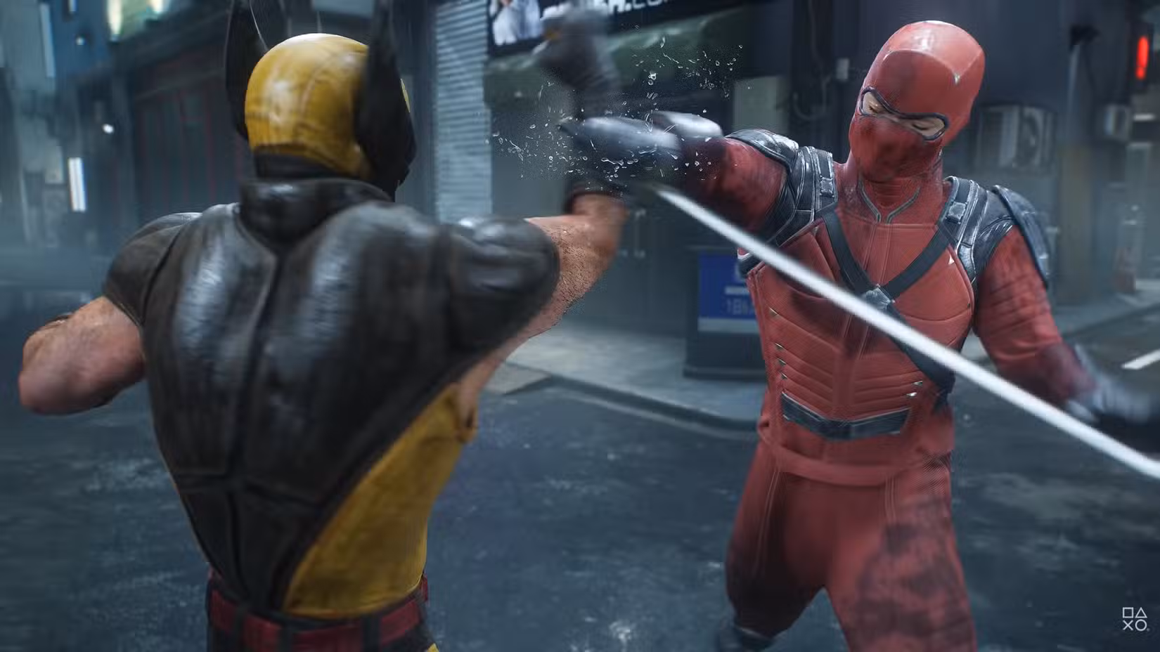 Ninja vermelho Wolverine da Marvel lutando contra Wolverine