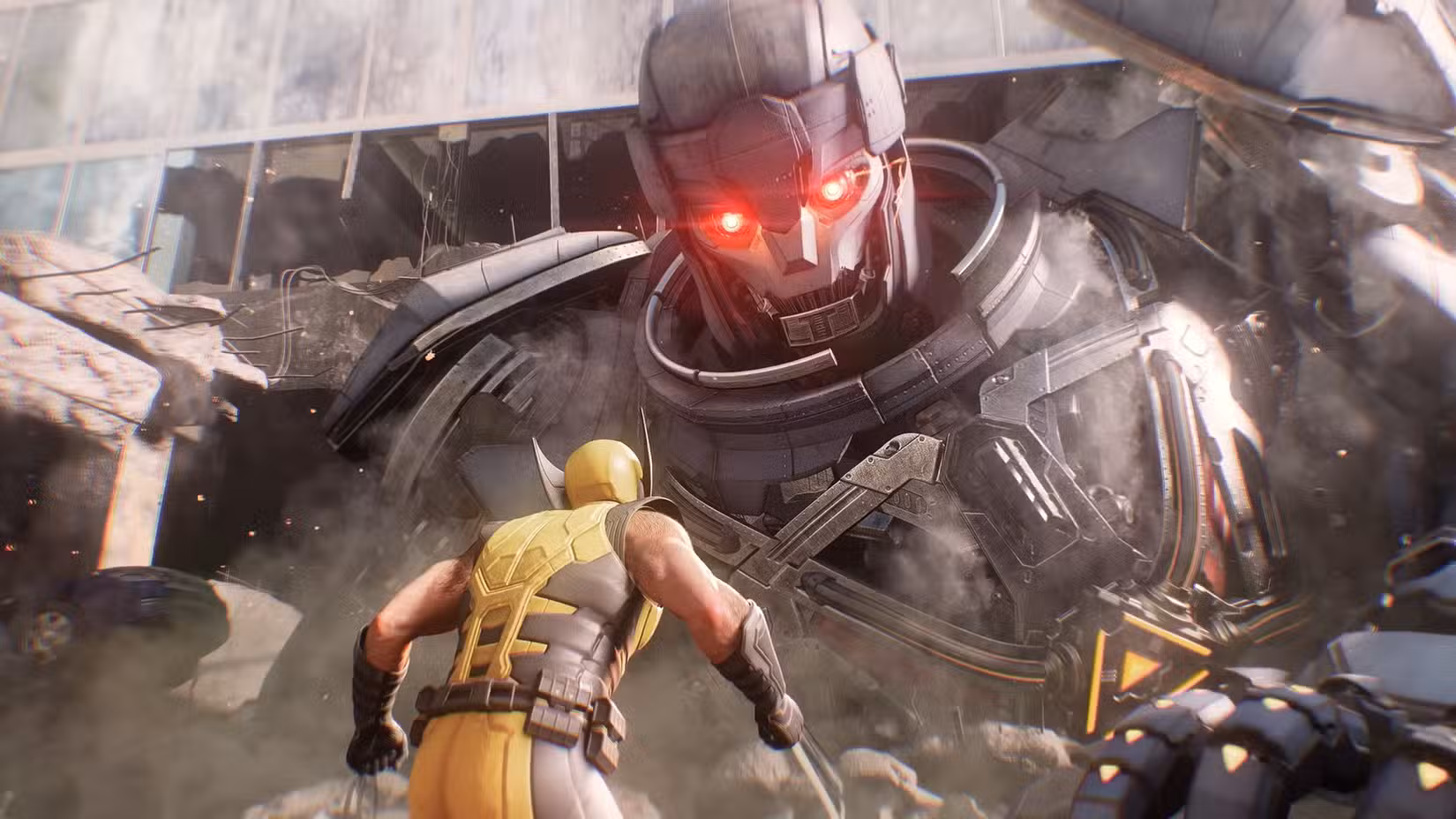 Wolverine da Marvel Um robô gigante Sentinela saindo de um prédio em ruínas