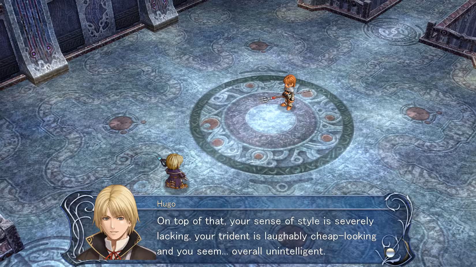 Uma captura de tela do Ys Origin mostrando Hugo Fact dizendo 