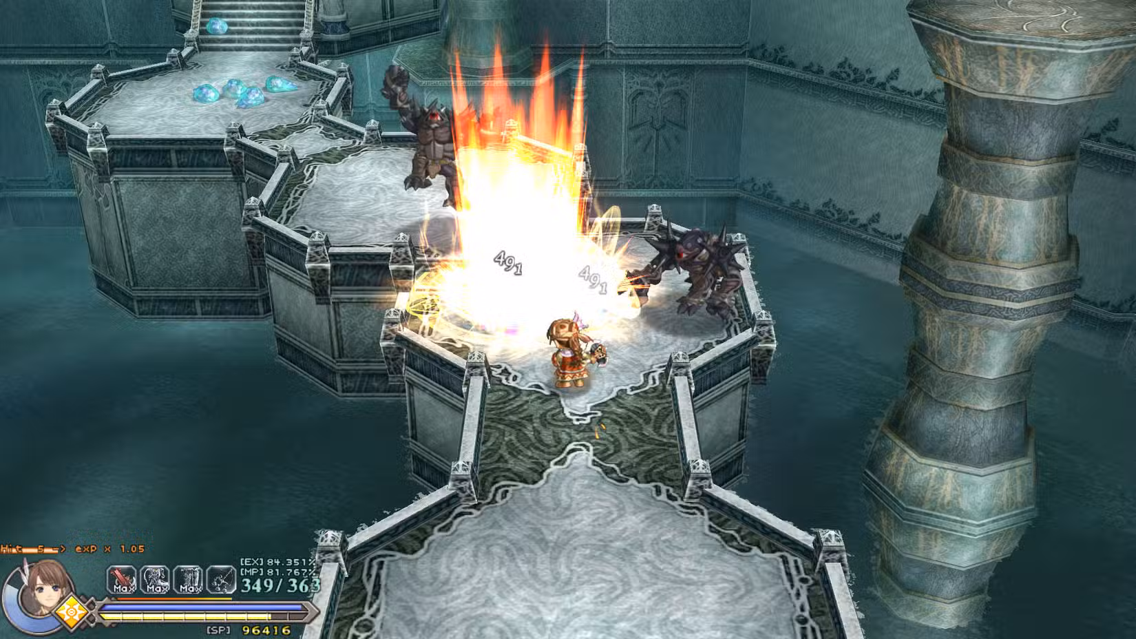 Uma captura de tela do Ys Origin mostrando a luta de Yunica