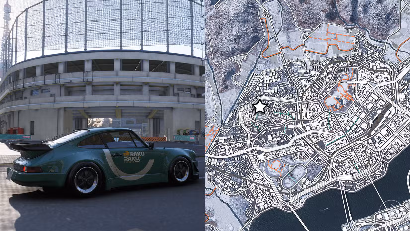 Um Porsche azul esverdeado estacionado em frente a um estádio de beisebol no Forza Horizon 6.