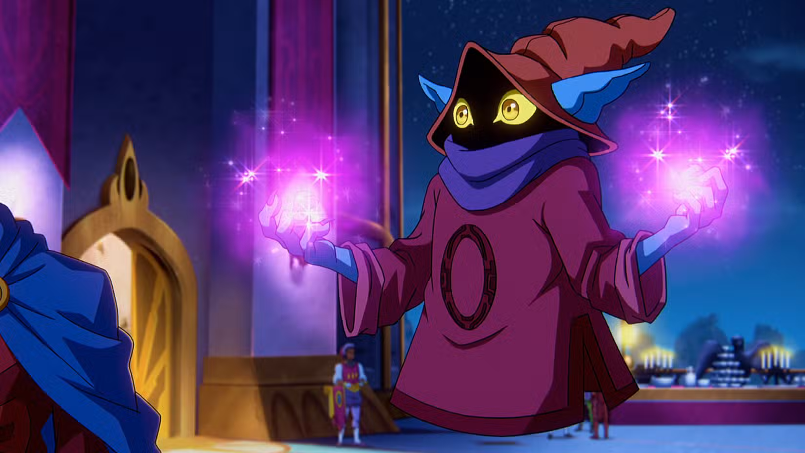 Orko, com mãos cor-de-rosa brilhantes e cintilantes, em Masters of the Universe: Revelation