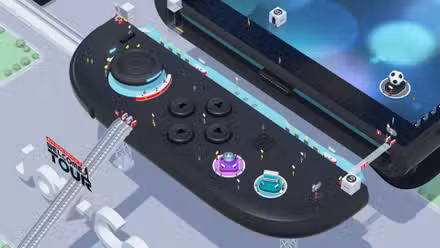 uma visão aérea do Joy-Con 2 esquerdo no Nintendo Switch 2 World Tour, com uma escada rolante que leva do solo até ele