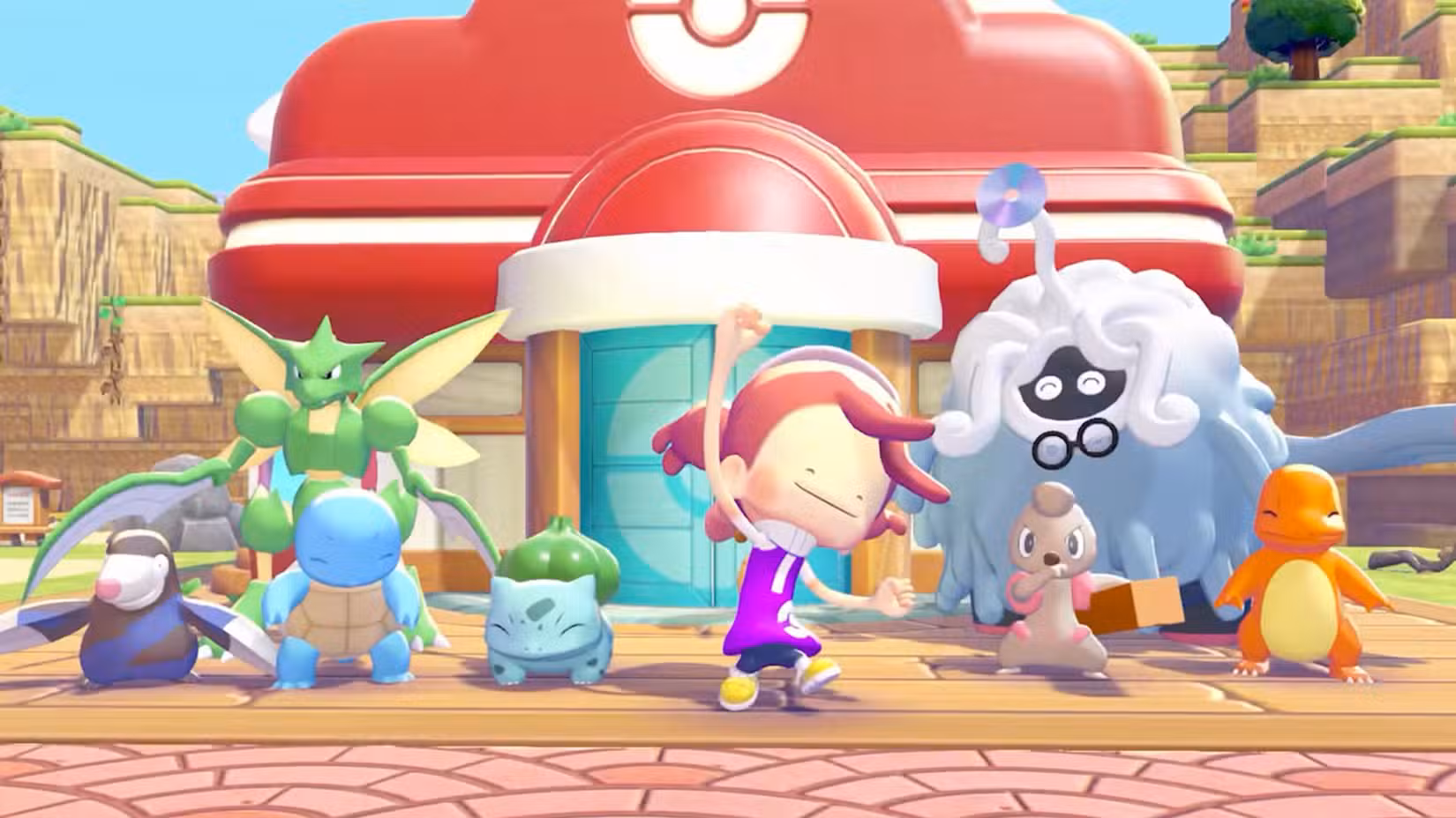 Ditto e vários Pokémon na frente de um Centro Pokémon concluído em Pokopia