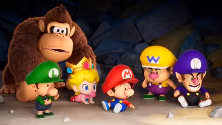 Baby Mario, Luigi, Peach, Wario e Waluigi com Donkey Kong no modo Adventure de Mario Tennis Fever